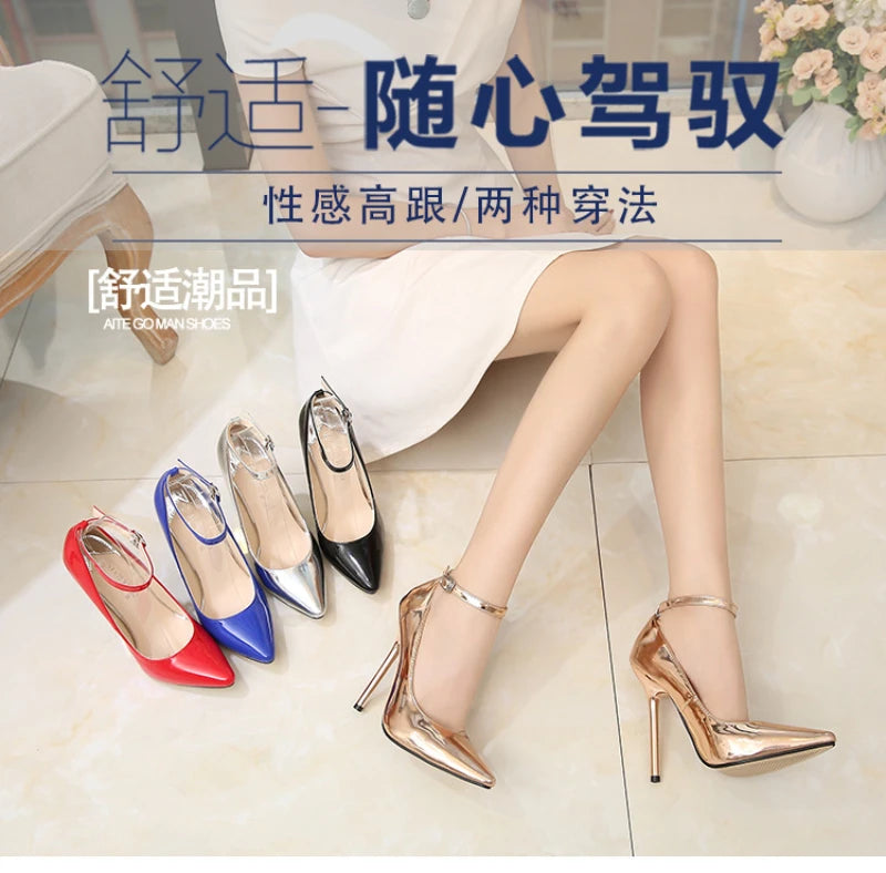 European And American Fashion Professional Pointed Toe Large-Size Heel Shoes Thin Heel Model Host Single Shoes Female Elegant