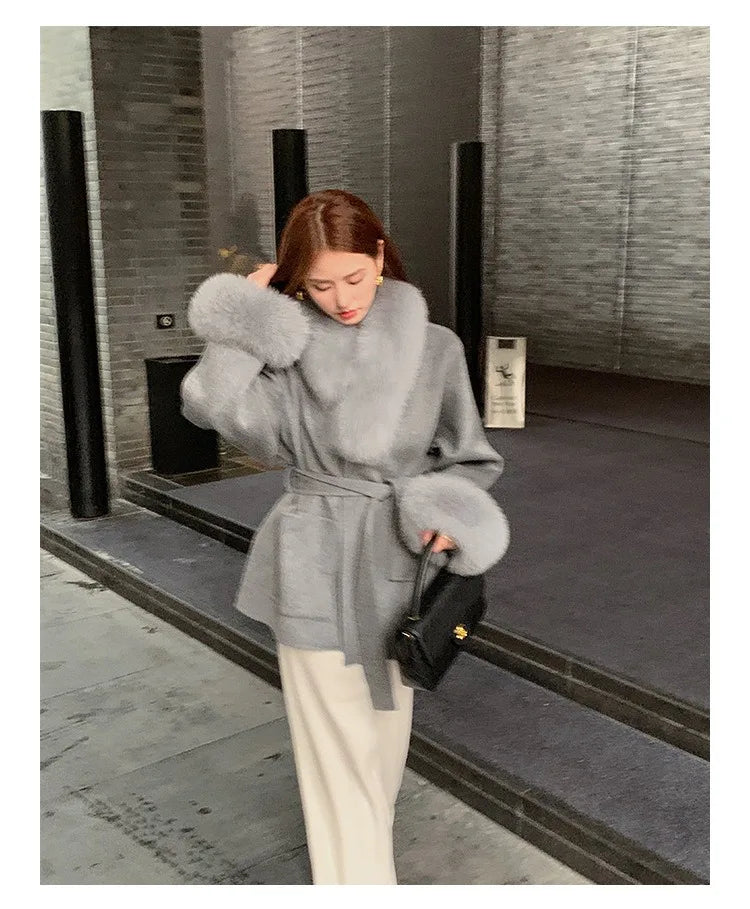 Fashion Coat with Belt Women Solid Fox Fur Collar Thick Warm Long Ladies Lace Up Wool Coat Outwear