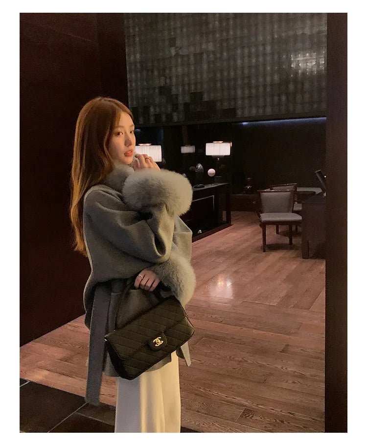 Fashion Coat with Belt Women Solid Fox Fur Collar Thick Warm Long Ladies Lace Up Wool Coat Outwear
