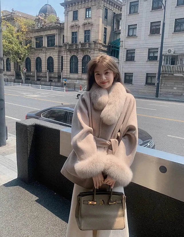Fashion Coat with Belt Women Solid Fox Fur Collar Thick Warm Long Ladies Lace Up Wool Coat Outwear