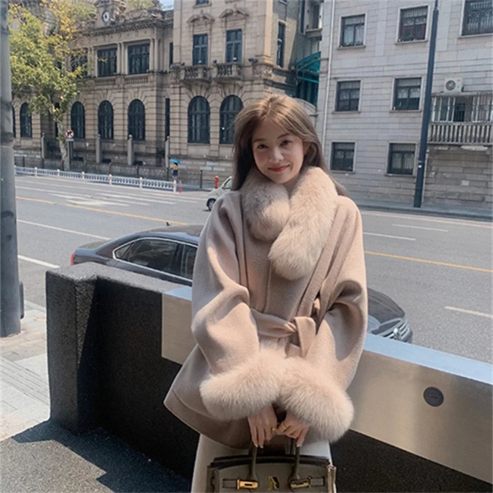 Fashion Coat with Belt Women Solid Fox Fur Collar Thick Warm Long Ladies Lace Up Wool Coat Outwear
