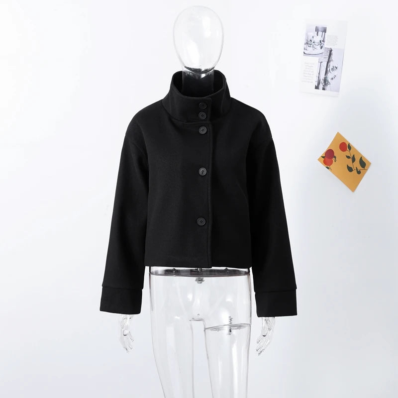 Fashion Short Woolen Coat For Women Stand Collar Full Sleeve Loose Zipper Jacket