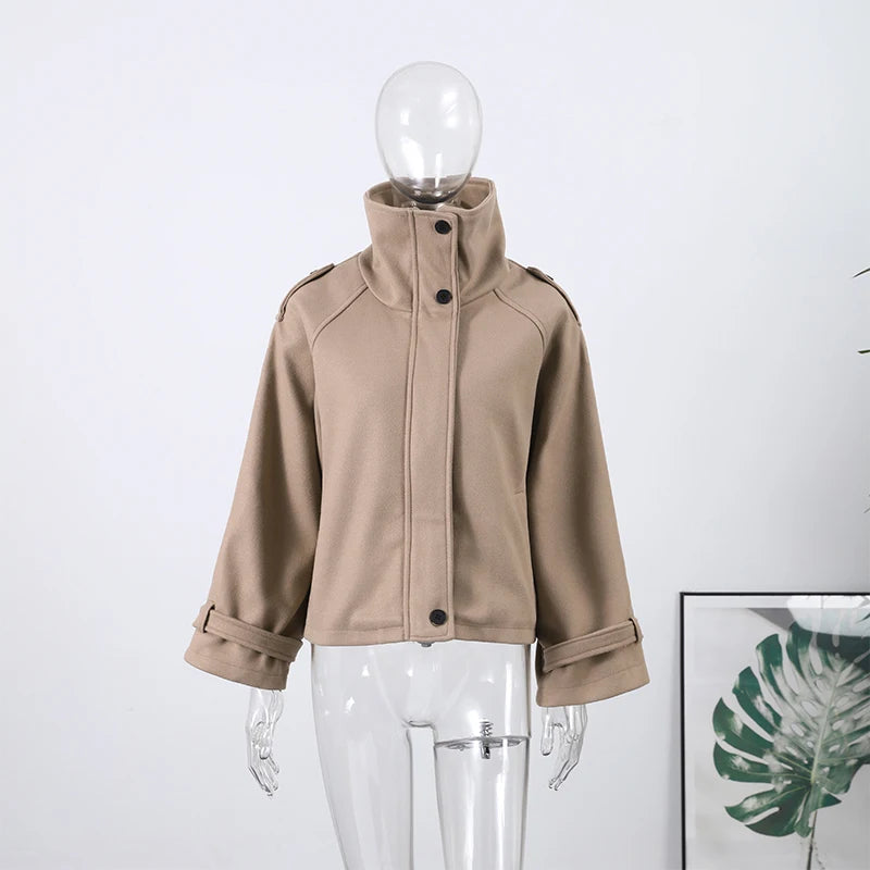 Fashion Short Woolen Coat For Women Stand Collar Full Sleeve Loose Zipper Jacket