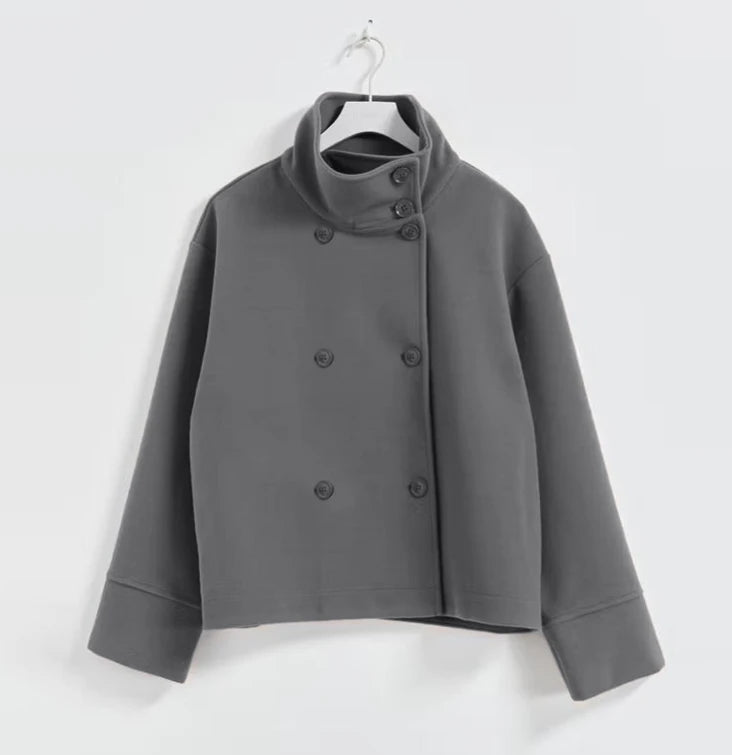 Fashion Short Woolen Coat For Women Stand Collar Full Sleeve Loose Zipper Jacket