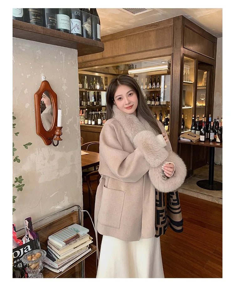 Fashion Coat with Belt Women Solid Fox Fur Collar Thick Warm Long Ladies Lace Up Wool Coat Outwear