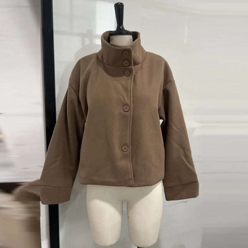 Fashion Short Woolen Coat For Women Stand Collar Full Sleeve Loose Zipper Jacket