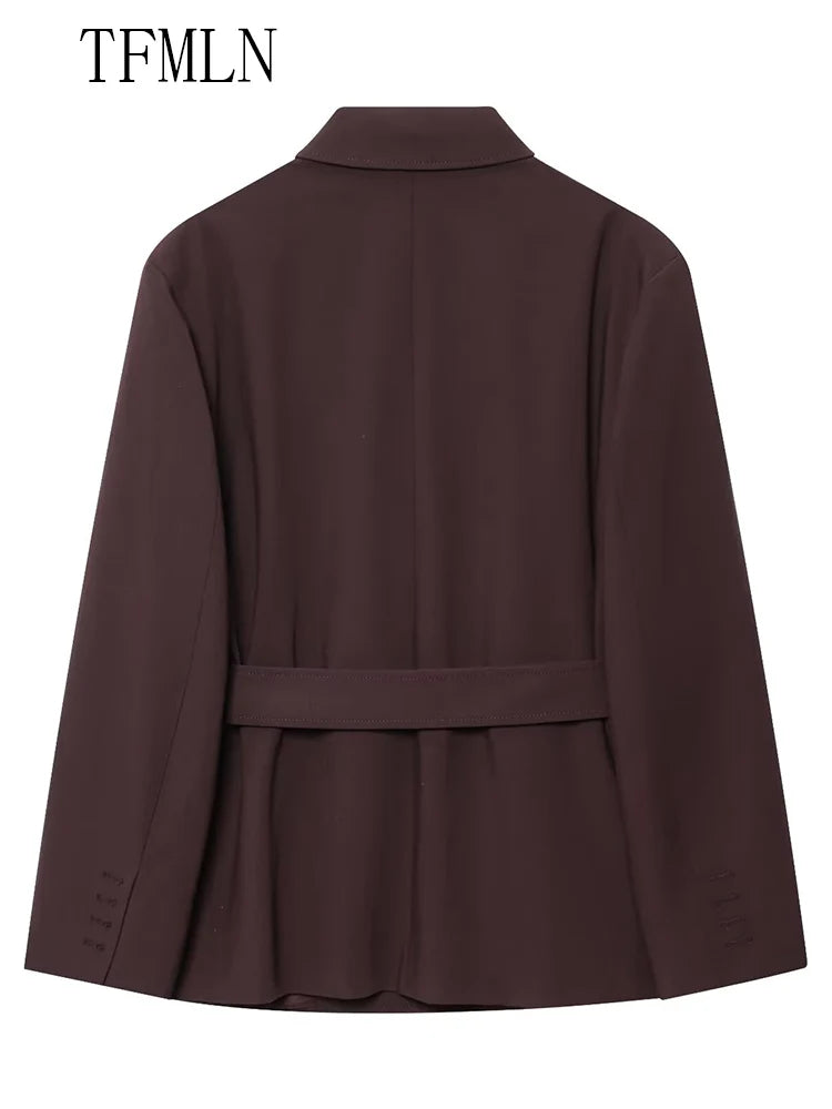 Fashion 2025 Autumn Women Blazer Coats With Belt Elegant Notched Double Breasted Causal Jackets Chic Loose Solid OL Outwear