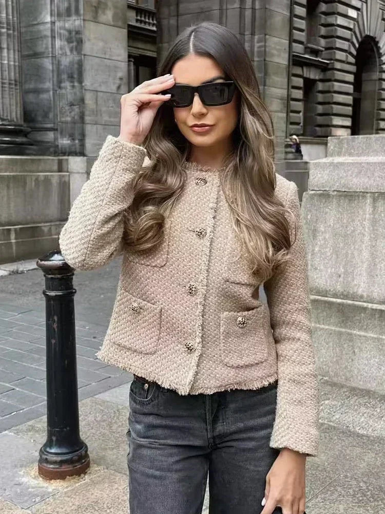 Fashion Tweed Cropped Jacket For Women 2024 Spring Elegant Single Breasted Pocket Coat Female Long Sleeve Round Collar Outerwear