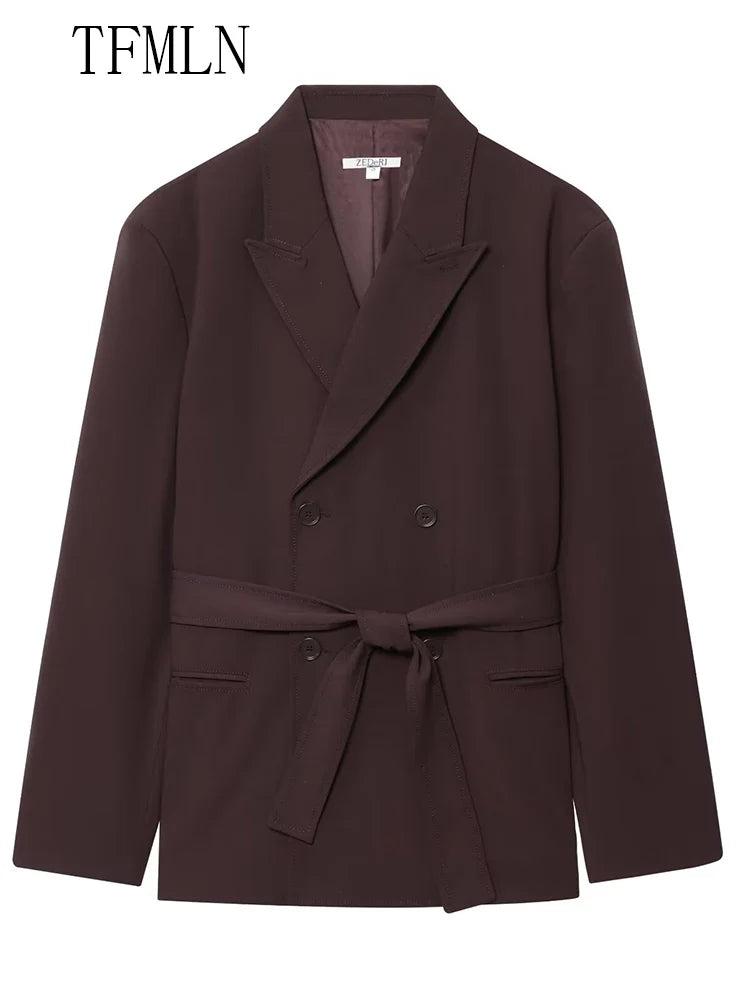 Fashion 2025 Autumn Women Blazer Coats With Belt Elegant Notched Double Breasted Causal Jackets Chic Loose Solid OL Outwear