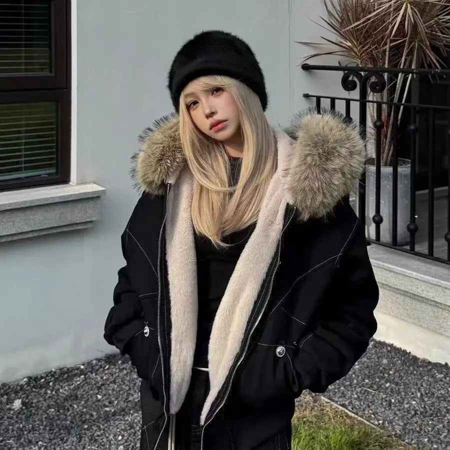 Fashion Retro Fur Collar Jacket Thick Hooded Design Short Cotton Coat Parkas Female Clothing