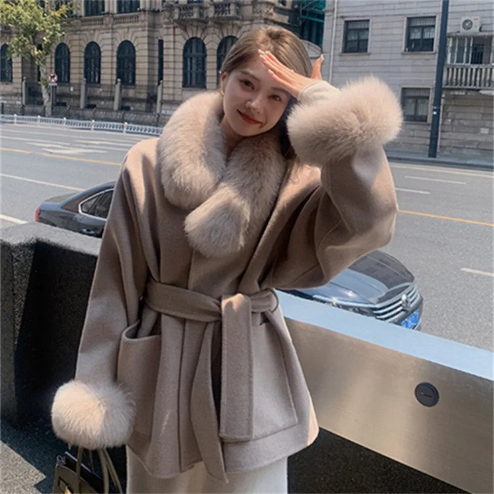 Fashion Coat with Belt Women Solid Fox Fur Collar Thick Warm Long Ladies Lace Up Wool Coat Outwear