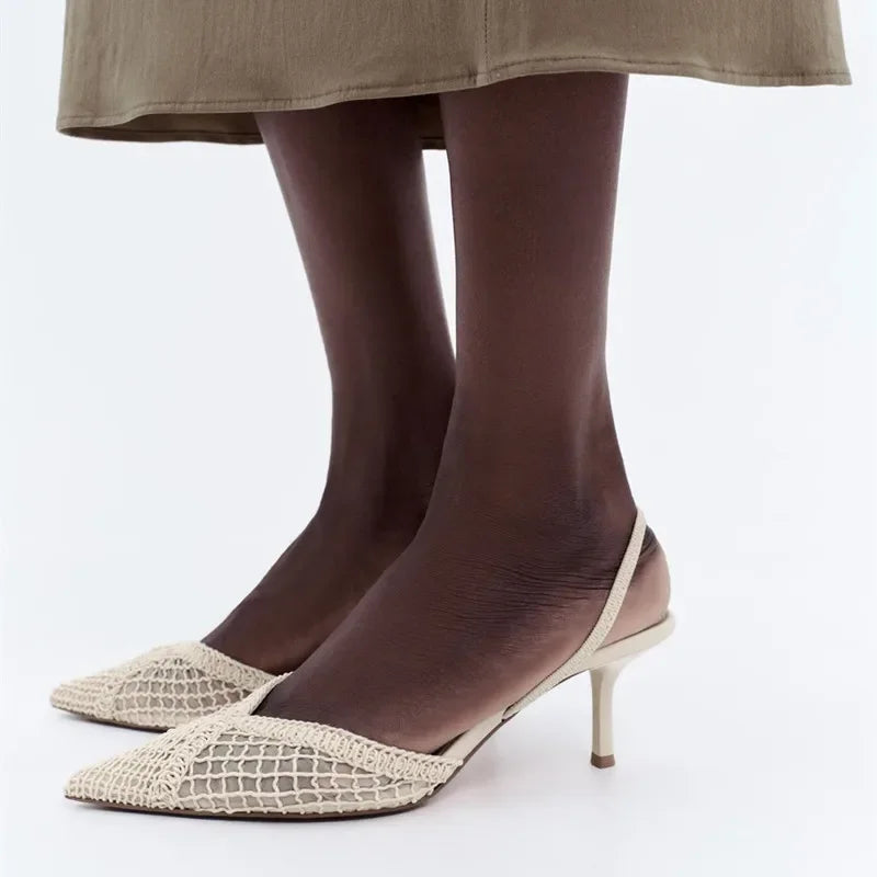 Elegant Mesh Woven High Heels for Women Sexy Pointed Toe Back Strap Breathable Summer Sandals Luxury Banquet Evening Dress Heels