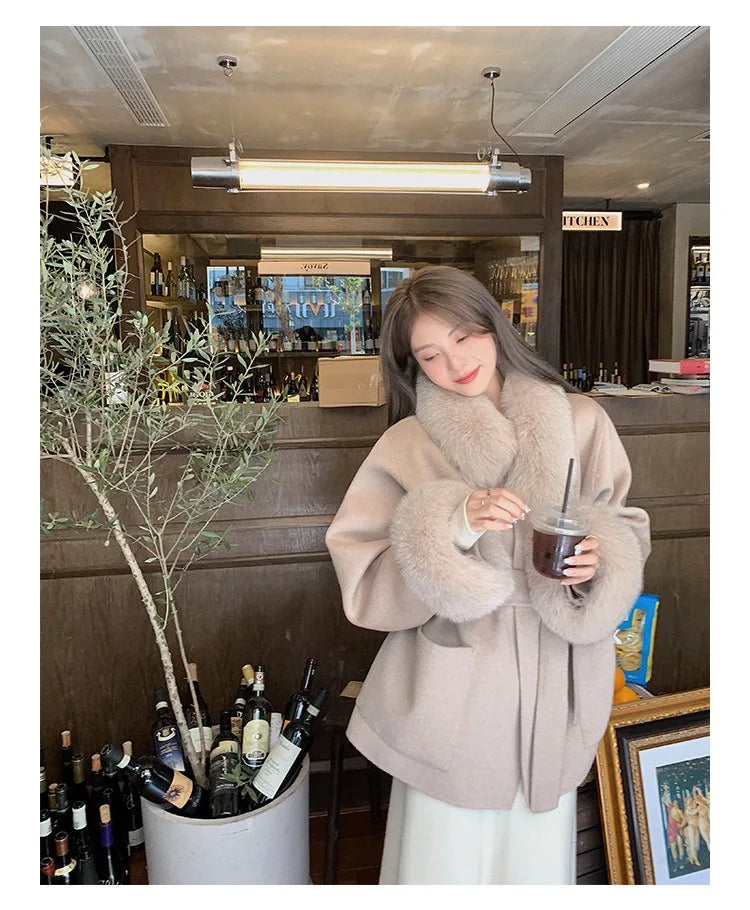 Fashion Coat with Belt Women Solid Fox Fur Collar Thick Warm Long Ladies Lace Up Wool Coat Outwear