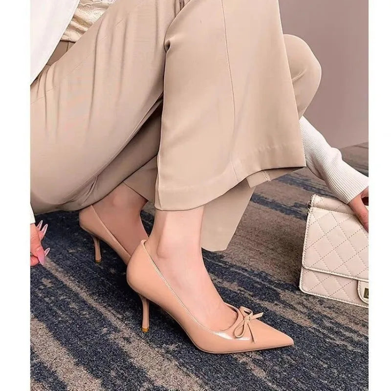 Fashion pointed-toe design elegant bow tie stiletto heels, 2025 summer sexy patent leather high heels, large size women's shoes