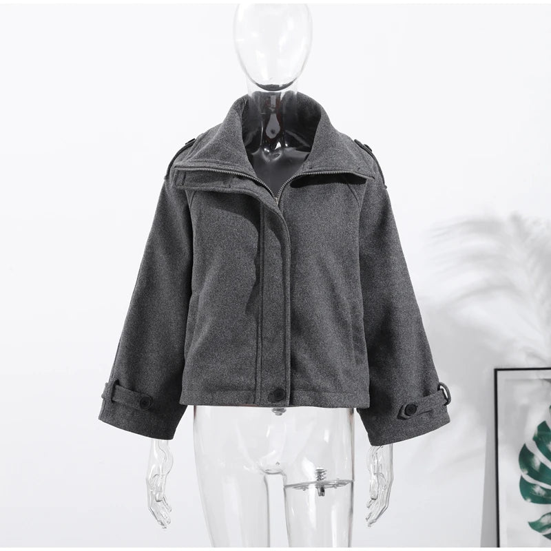 Fashion Short Woolen Coat For Women Stand Collar Full Sleeve Loose Zipper Jacket