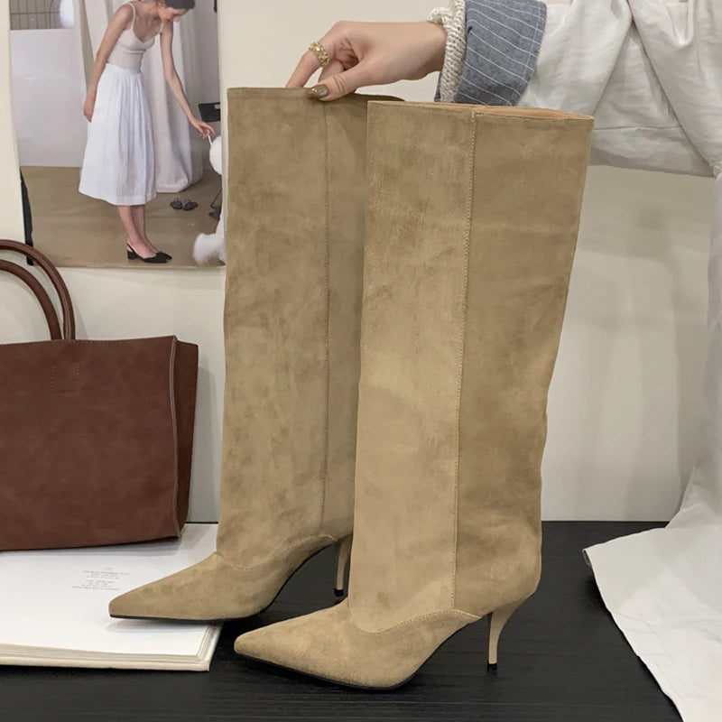 Fashion Vintage Thin Heels Women Knee High Boots Fashion Winter Sexy Pointed Toe Stripper Party Shoes Zapatos De Mujes