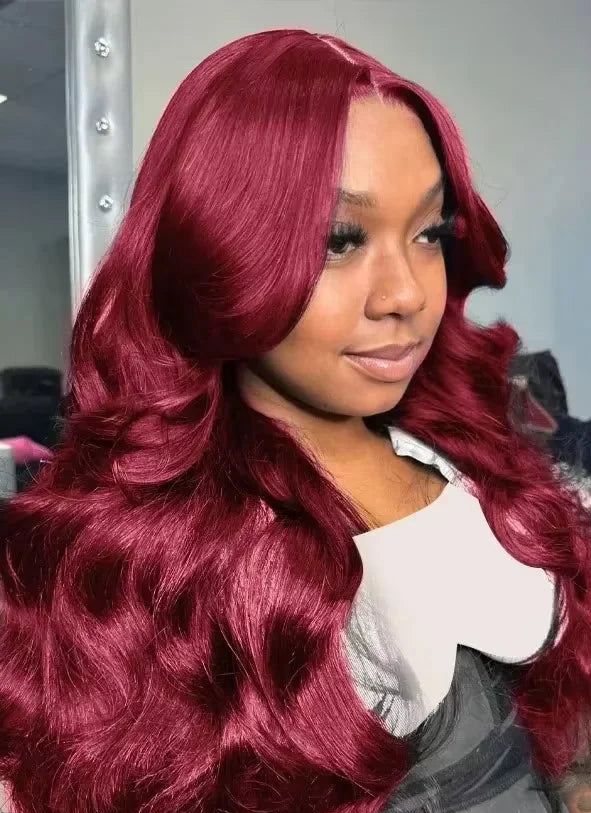 Burgundy wine red body wave lace front wig made with 12A virgin human hair