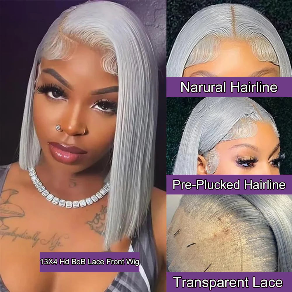 Human Hair Wig Grey Bob Wigs 200% 13x4 HD Transparent Ginger Orange Lace Front Bob Blunt Cut Straight Colored Wigs Pre Plucked
