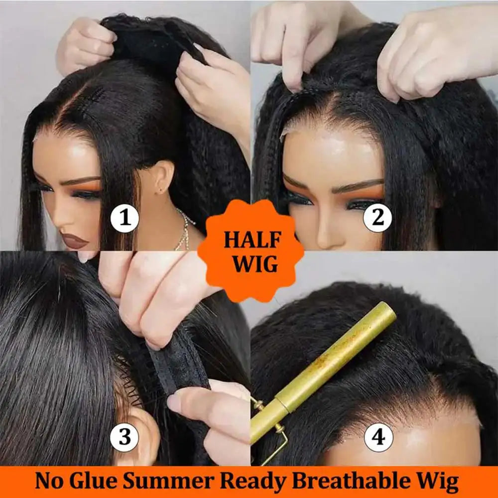 3 In 1 Half Wig Human Hair With Drawstring Kinky Straight Half Wig Ready To Go Comfortable Fit No Glue Needed Natural Hairline