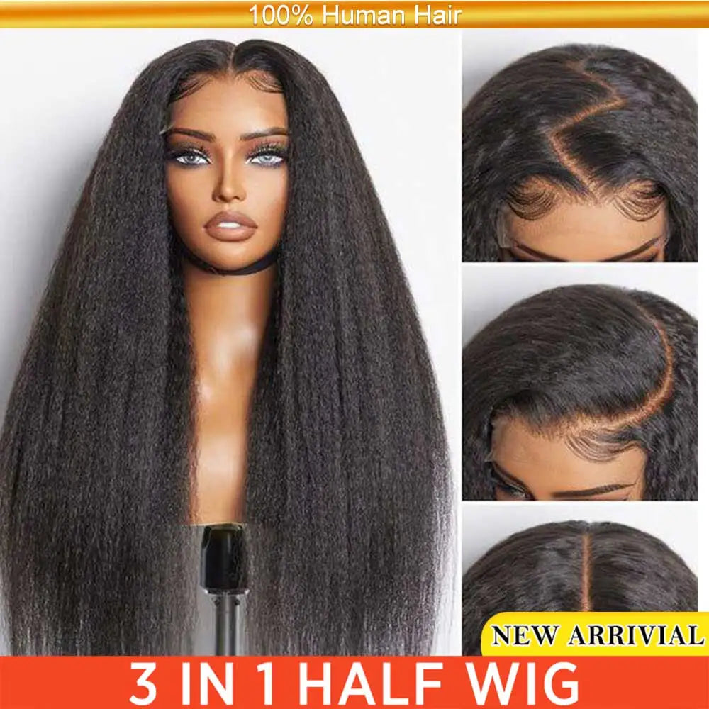 3 In 1 Half Wig Human Hair With Drawstring Kinky Straight Half Wig Ready To Go Comfortable Fit No Glue Needed Natural Hairline