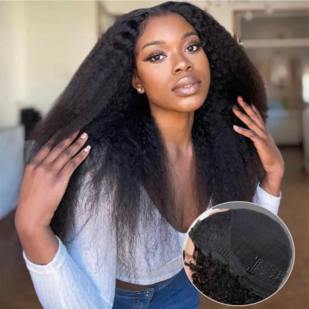 3 In 1 Half Wig Human Hair With Drawstring Kinky Straight Half Wig Ready To Go Comfortable Fit No Glue Needed Natural Hairline
