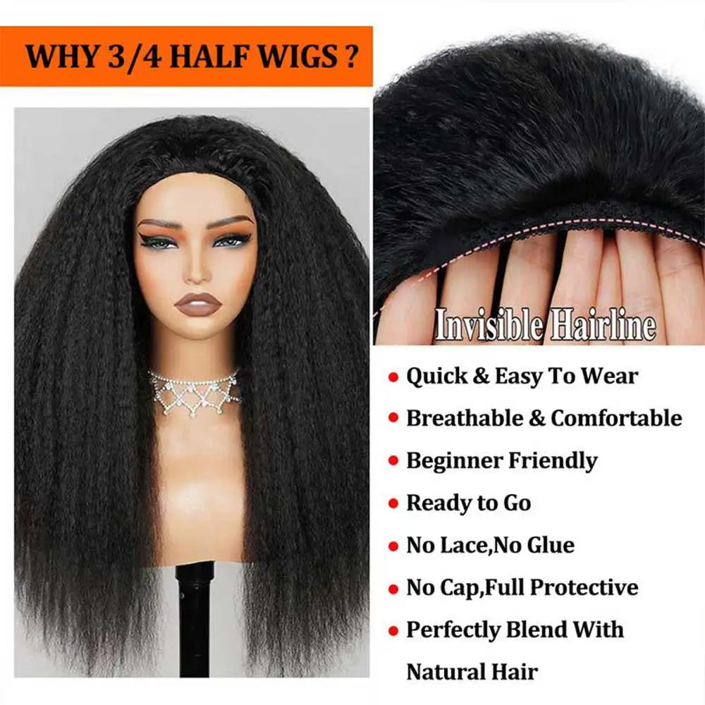 3 In 1 Half Wig Human Hair With Drawstring Kinky Straight Half Wig Ready To Go Comfortable Fit No Glue Needed Natural Hairline