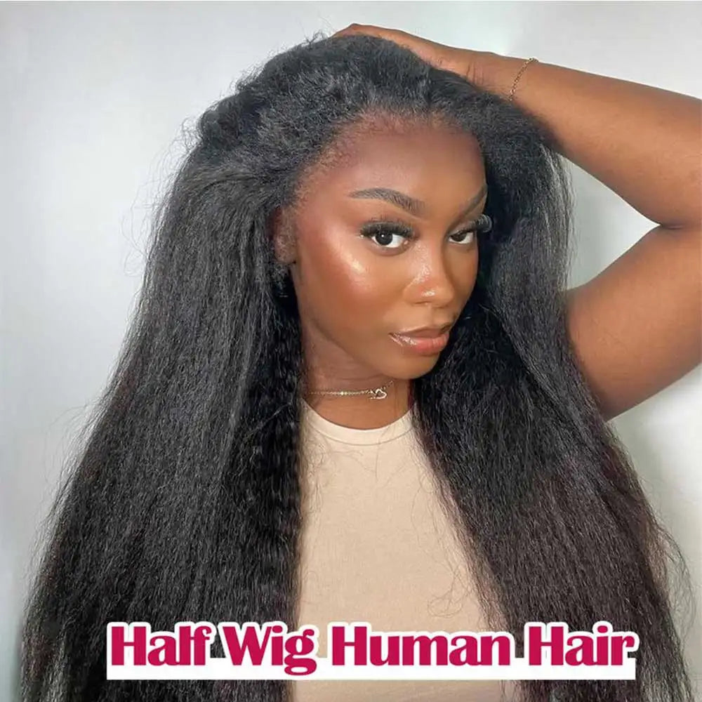 3 In 1 Half Wig Human Hair With Drawstring Kinky Straight Half Wig Ready To Go Comfortable Fit No Glue Needed Natural Hairline
