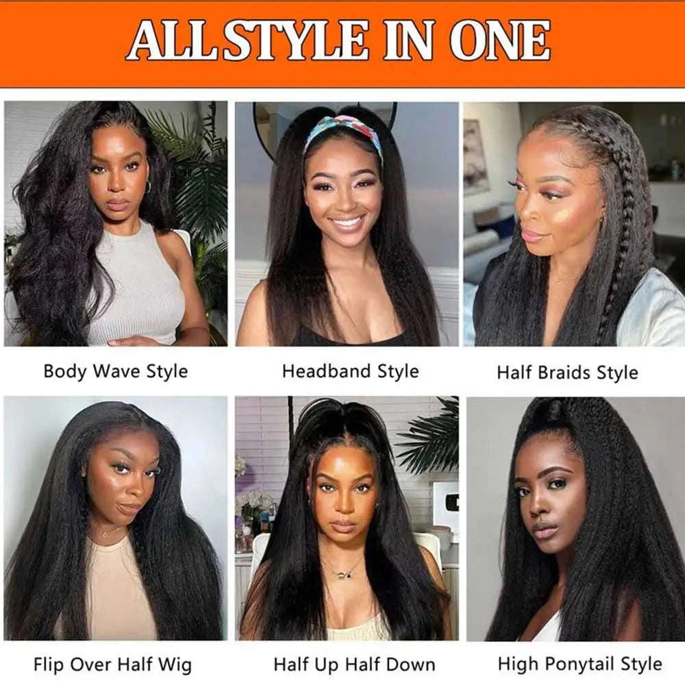 3 In 1 Half Wig Human Hair With Drawstring Kinky Straight Half Wig Ready To Go Comfortable Fit No Glue Needed Natural Hairline