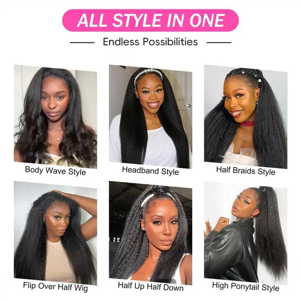 3 In 1 Half Wig Human Hair With Drawstring Kinky Straight Half Wig Ready To Go Comfortable Fit No Glue Needed Natural Hairline