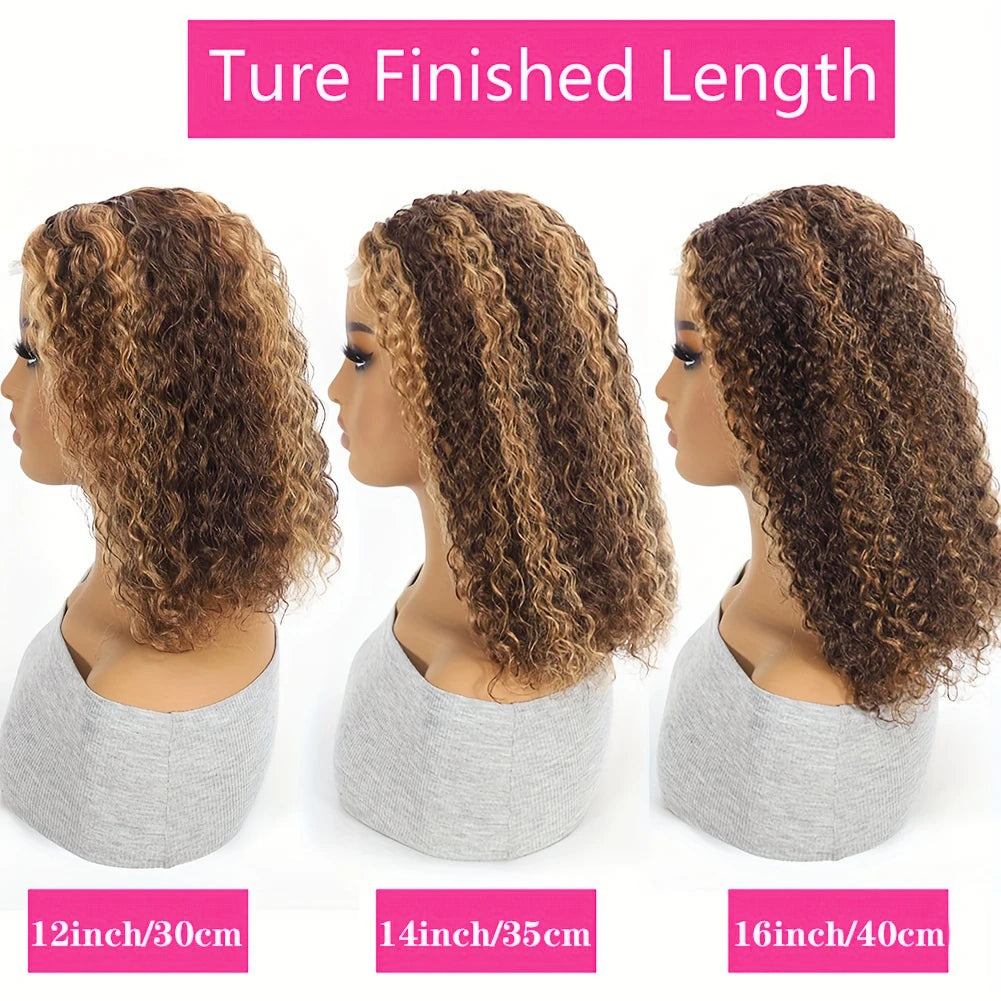 100% Human Hair Curly Short Bob Wig with 4/27 Honey Blonde 13x4 Lace Front Deep Wave Virgin Hair 200% Density Deep Wave Bob Wigs