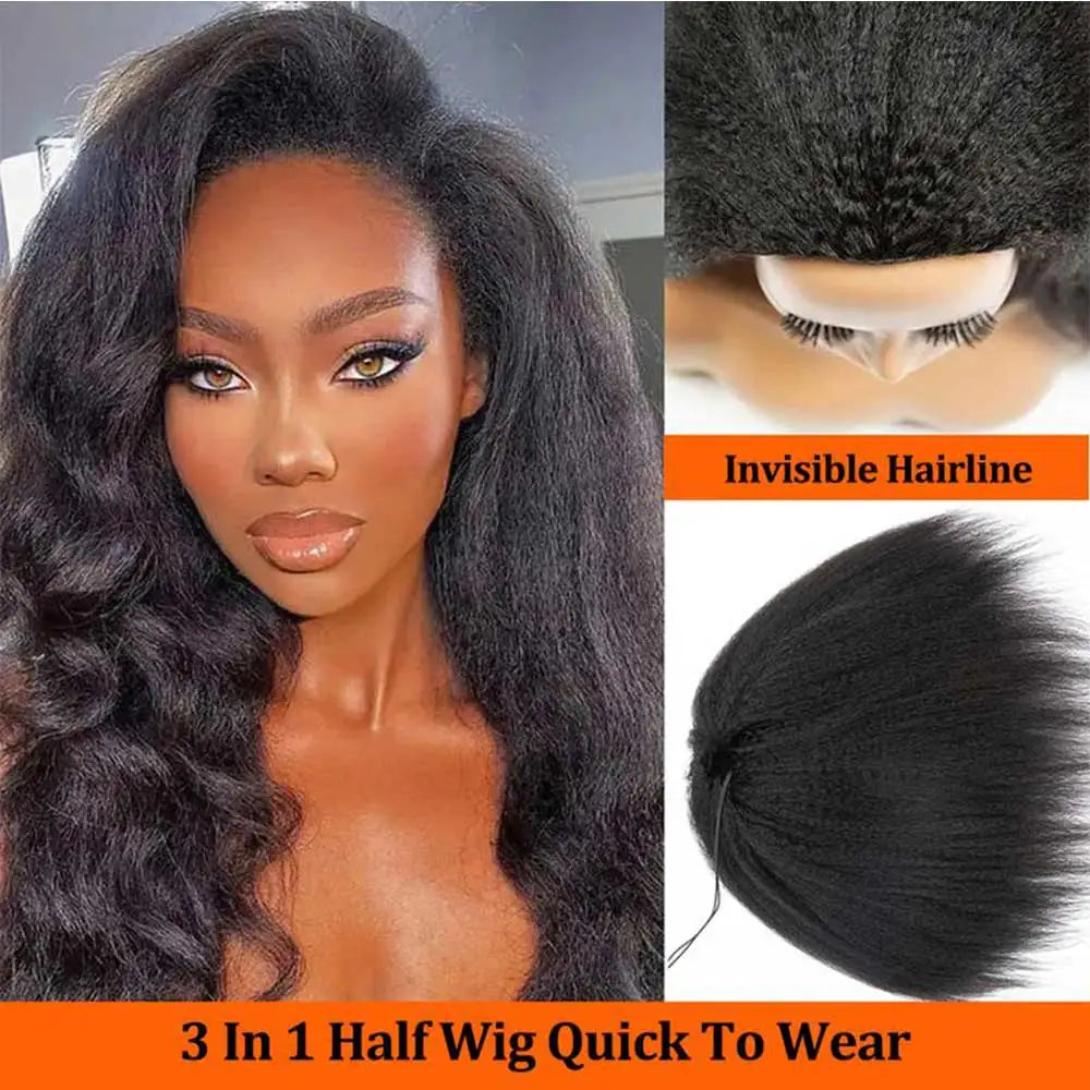 3 In 1 Half Wig Human Hair With Drawstring Kinky Straight Half Wig Ready To Go Comfortable Fit No Glue Needed Natural Hairline