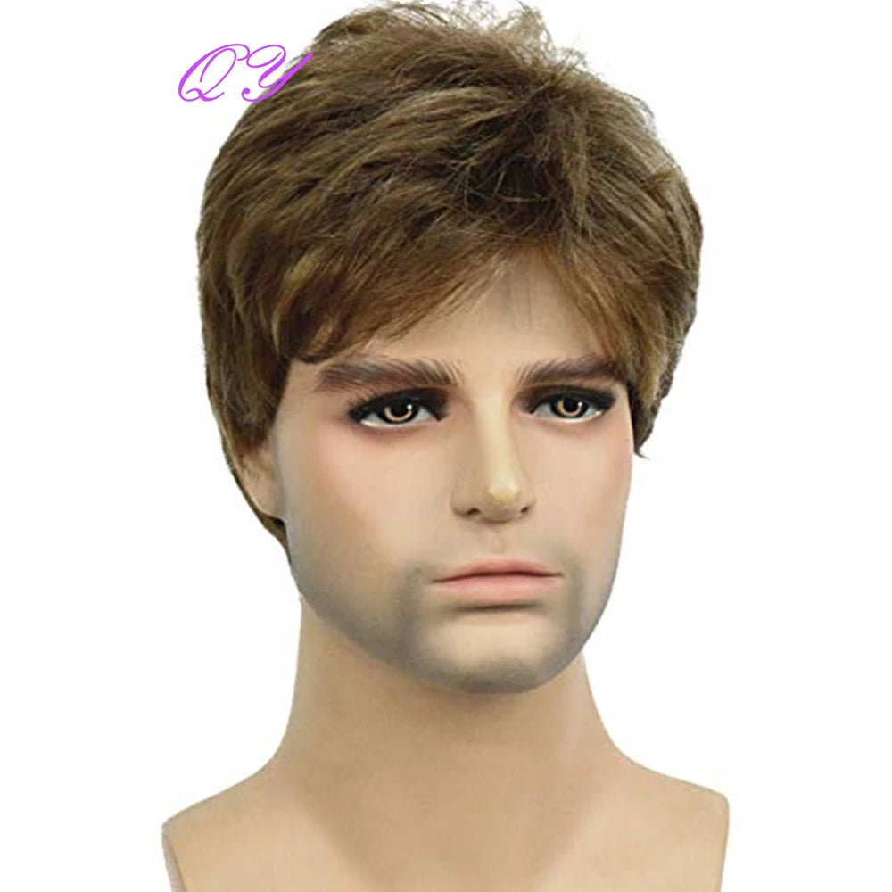 Men's synthetic wig brown (# 4) short curly hair men's wig fashion style adjustable size breathable wig men's 2023