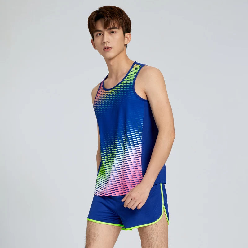 Men Running Tracksuits 2021 Track And Field Suits Quick Dry Marathon Athletics Sportswear Vest+Shorts Team Sport Set