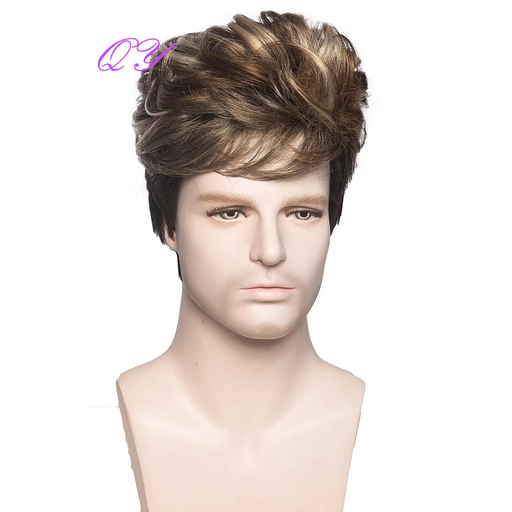 Men's synthetic wig brown (# 4) short curly hair men's wig fashion style adjustable size breathable wig men's 2023