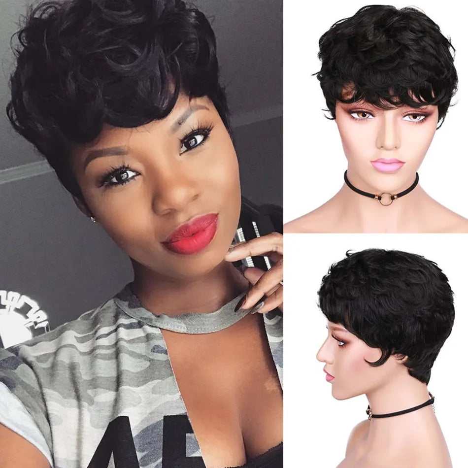 Deep Curly Human Hair Wigs For Women Non Lace Front Curly Wig With Bangs Full Machine Made Wig Brazilian Remy Hair Short Bob Wig