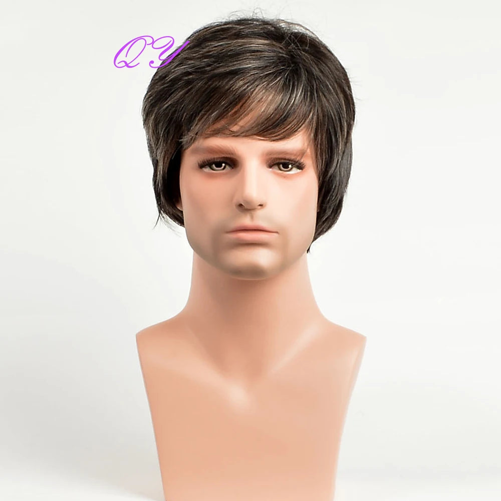 Men's synthetic wig brown (# 4) short curly hair men's wig fashion style adjustable size breathable wig men's 2023