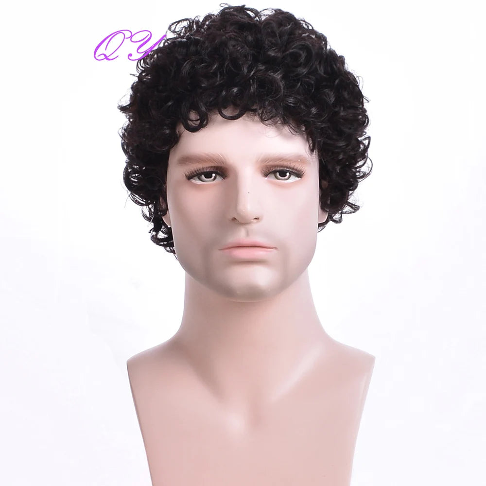 Men's synthetic wig brown (# 4) short curly hair men's wig fashion style adjustable size breathable wig men's 2023