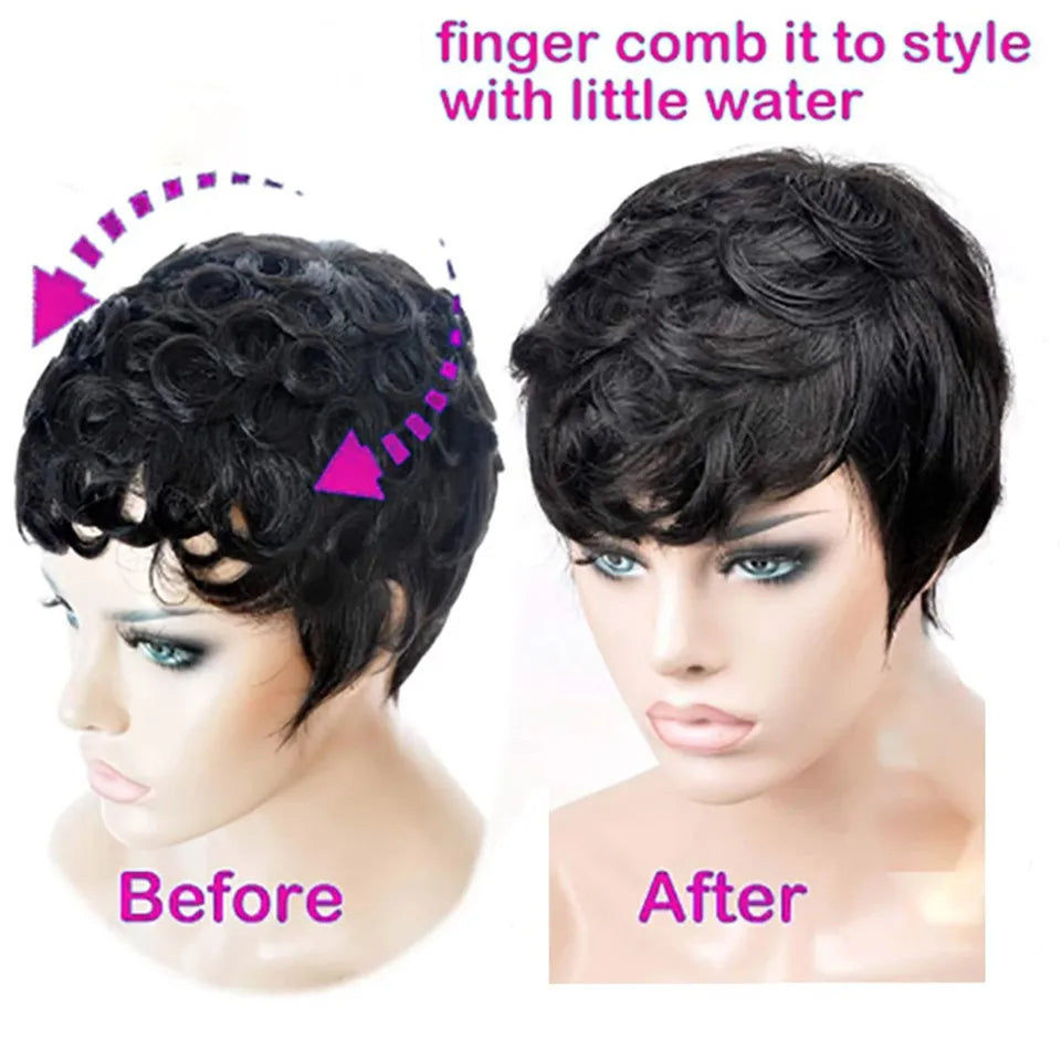 Deep Curly Human Hair Wigs For Women Non Lace Front Curly Wig With Bangs Full Machine Made Wig Brazilian Remy Hair Short Bob Wig