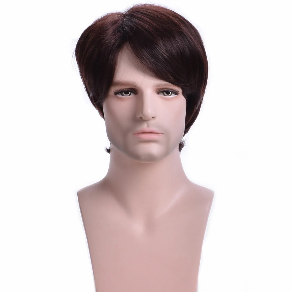 Men's synthetic wig brown (# 4) short curly hair men's wig fashion style adjustable size breathable wig men's 2023