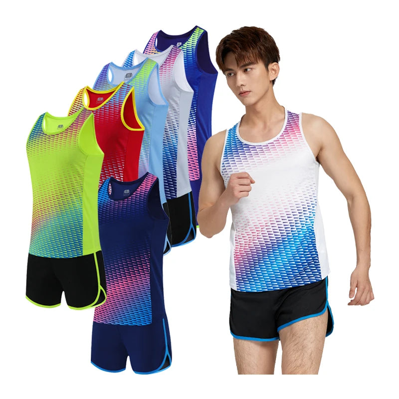 Men Running Tracksuits 2021 Track And Field Suits Quick Dry Marathon Athletics Sportswear Vest+Shorts Team Sport Set