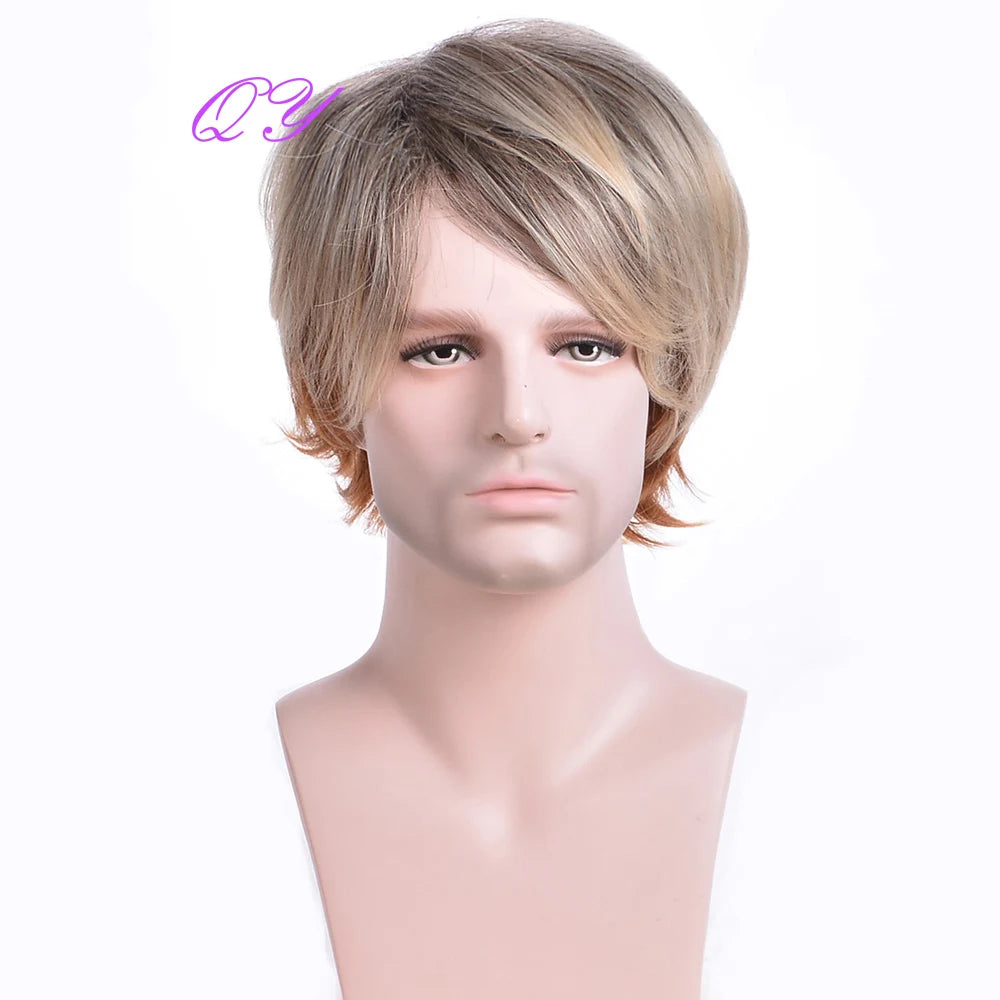 Men's synthetic wig brown (# 4) short curly hair men's wig fashion style adjustable size breathable wig men's 2023