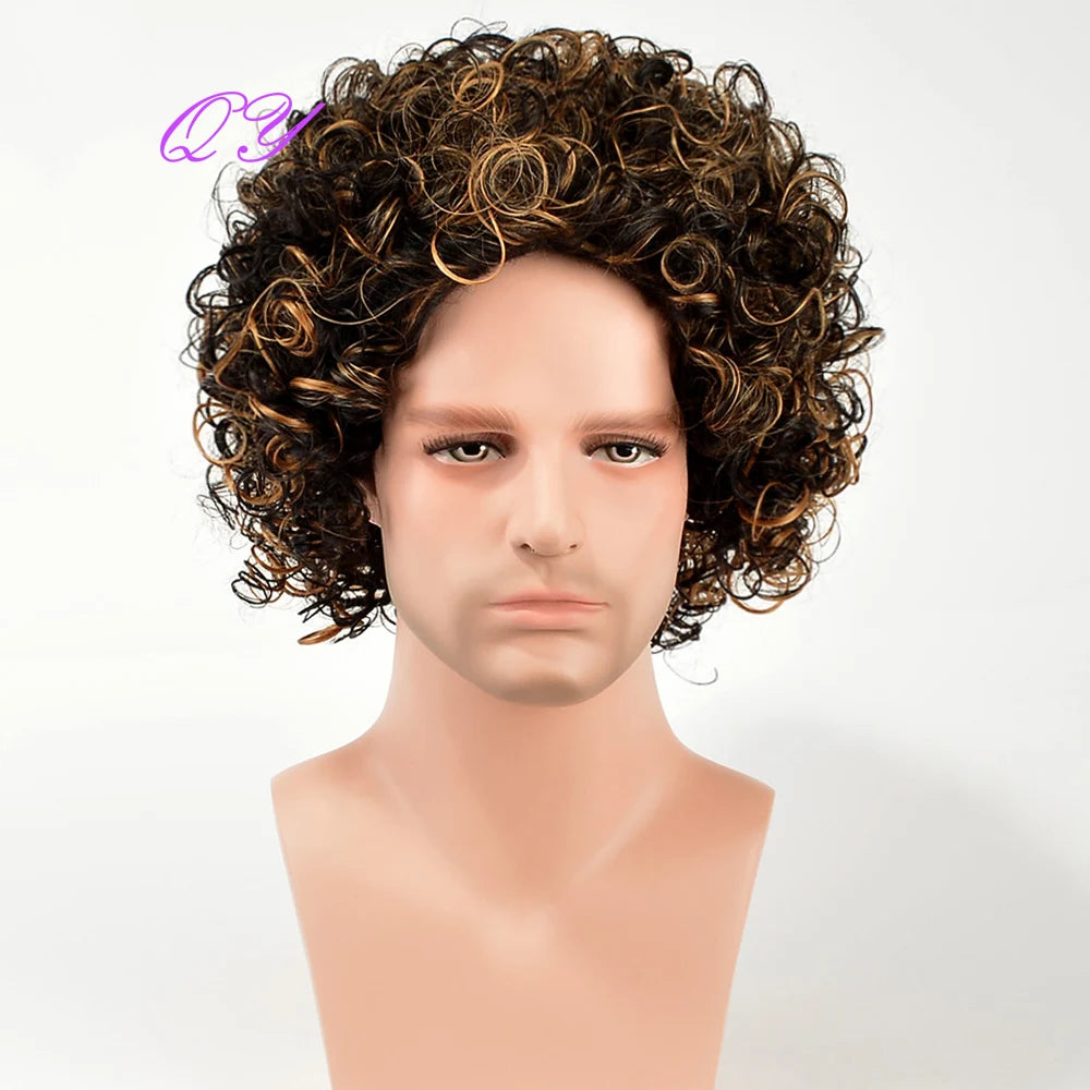 Men's synthetic wig brown (# 4) short curly hair men's wig fashion style adjustable size breathable wig men's 2023