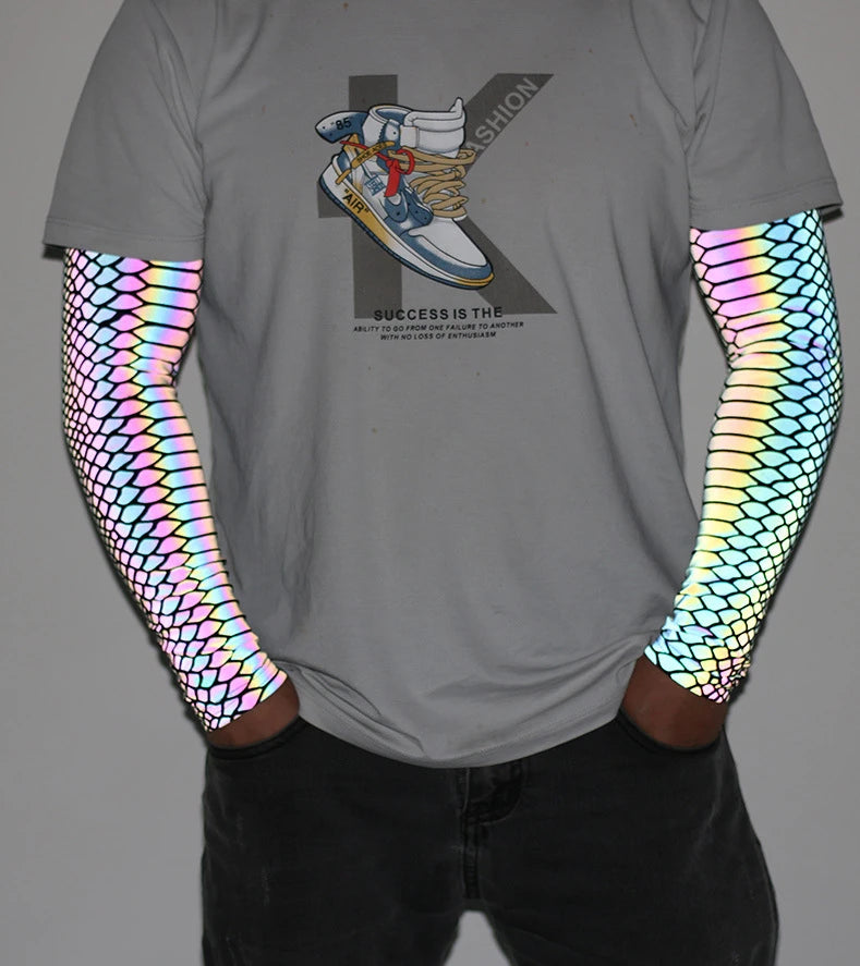 Sports Men Colorful Reflective Sleeves Techwear Sunscreen Cycling Basketball Arm Warmers Breathable Reflect Light Oversleeve