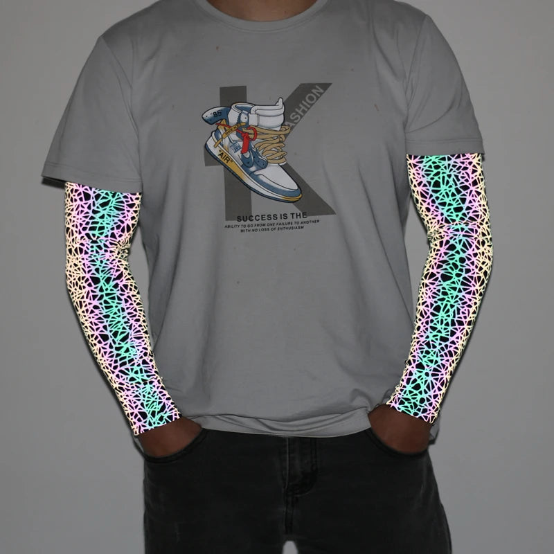 Sports Men Colorful Reflective Sleeves Techwear Sunscreen Cycling Basketball Arm Warmers Breathable Reflect Light Oversleeve