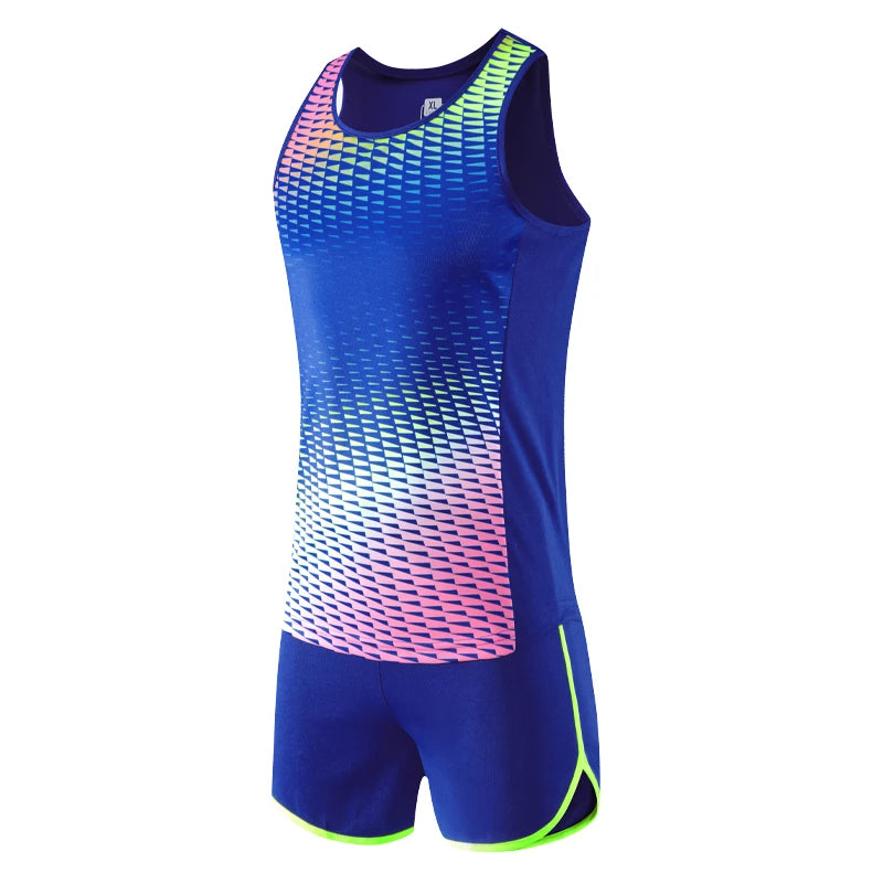 Men Running Tracksuits 2021 Track And Field Suits Quick Dry Marathon Athletics Sportswear Vest+Shorts Team Sport Set