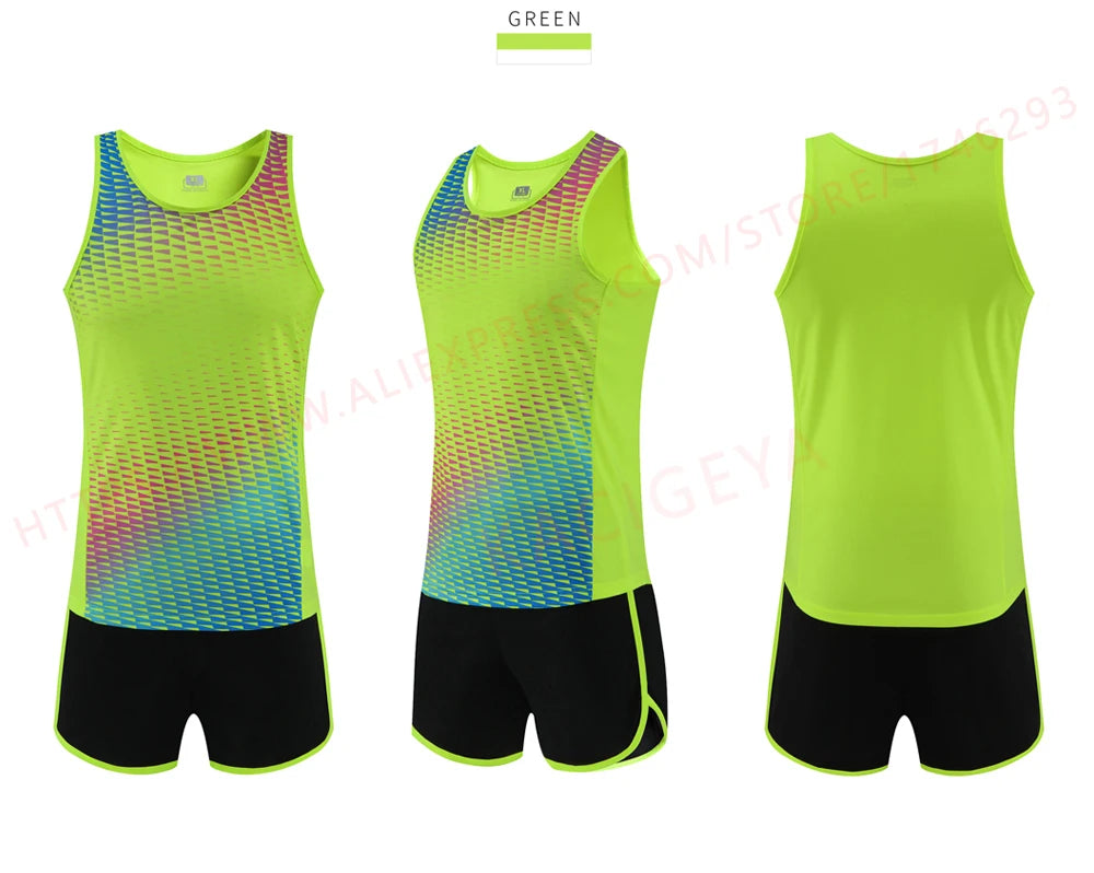 Men Running Tracksuits 2021 Track And Field Suits Quick Dry Marathon Athletics Sportswear Vest+Shorts Team Sport Set