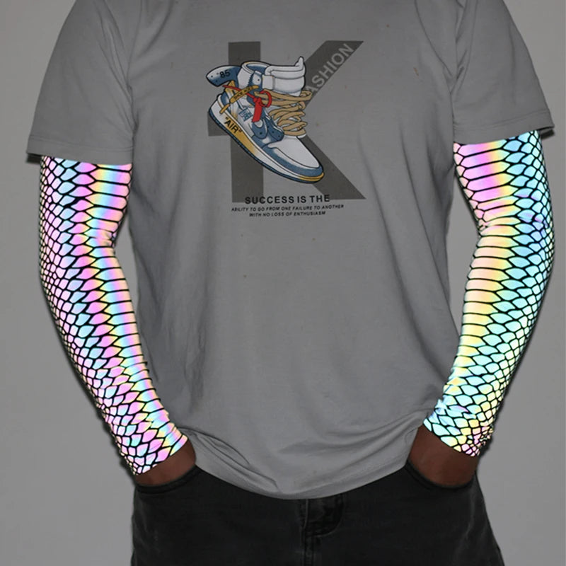 Sports Men Colorful Reflective Sleeves Techwear Sunscreen Cycling Basketball Arm Warmers Breathable Reflect Light Oversleeve