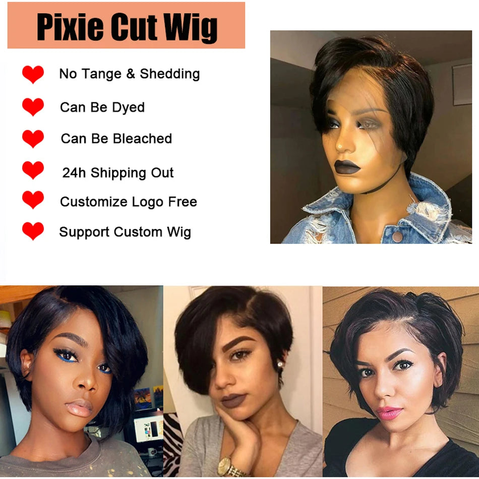 Human Hair 13X2 Wigs Short Pixie Cut Wigs Straight Bob HDTransparent Lace Frontal Wigs For Black Women 250Density Perruque Cheap