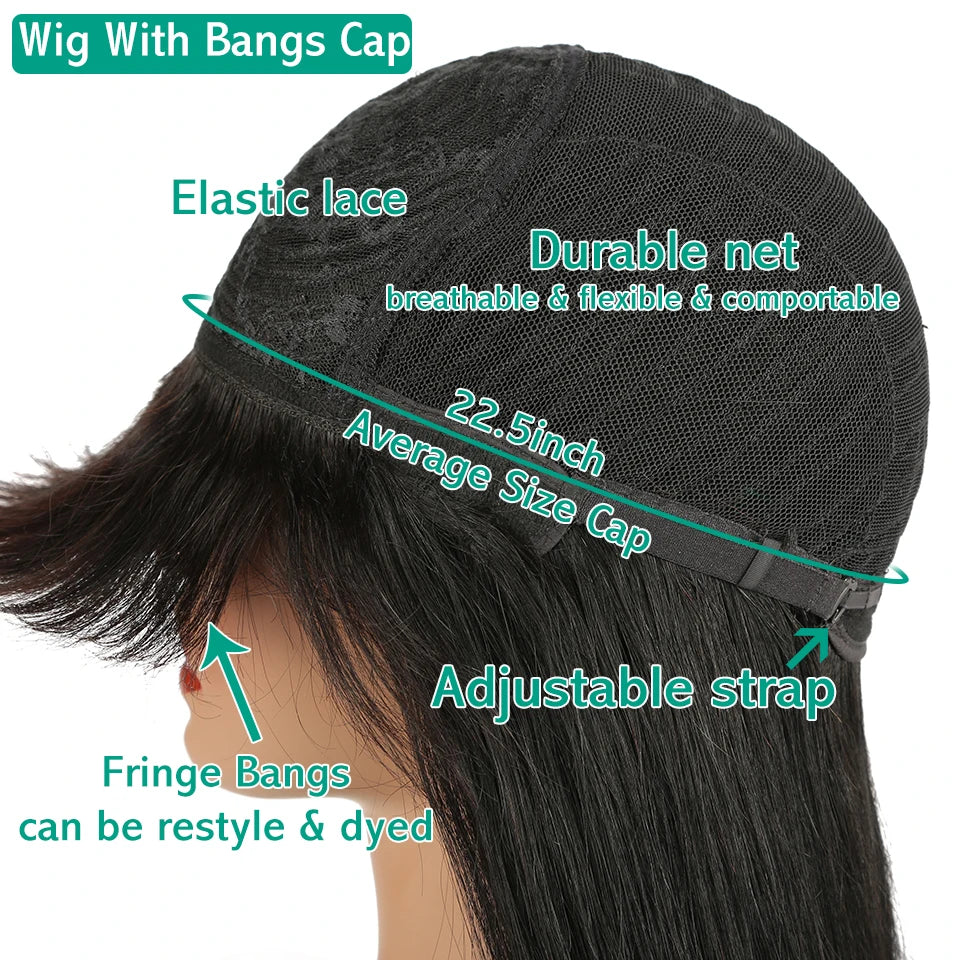 Sexay Scalp Bang Human Hair Wig Raw Indian Straight Human Hair Fringe Wigs Fake Scalp 8-24 Inch 200 Density Human Wigs For Women