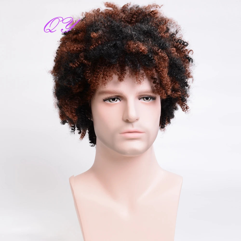 Men's synthetic wig brown (# 4) short curly hair men's wig fashion style adjustable size breathable wig men's 2023